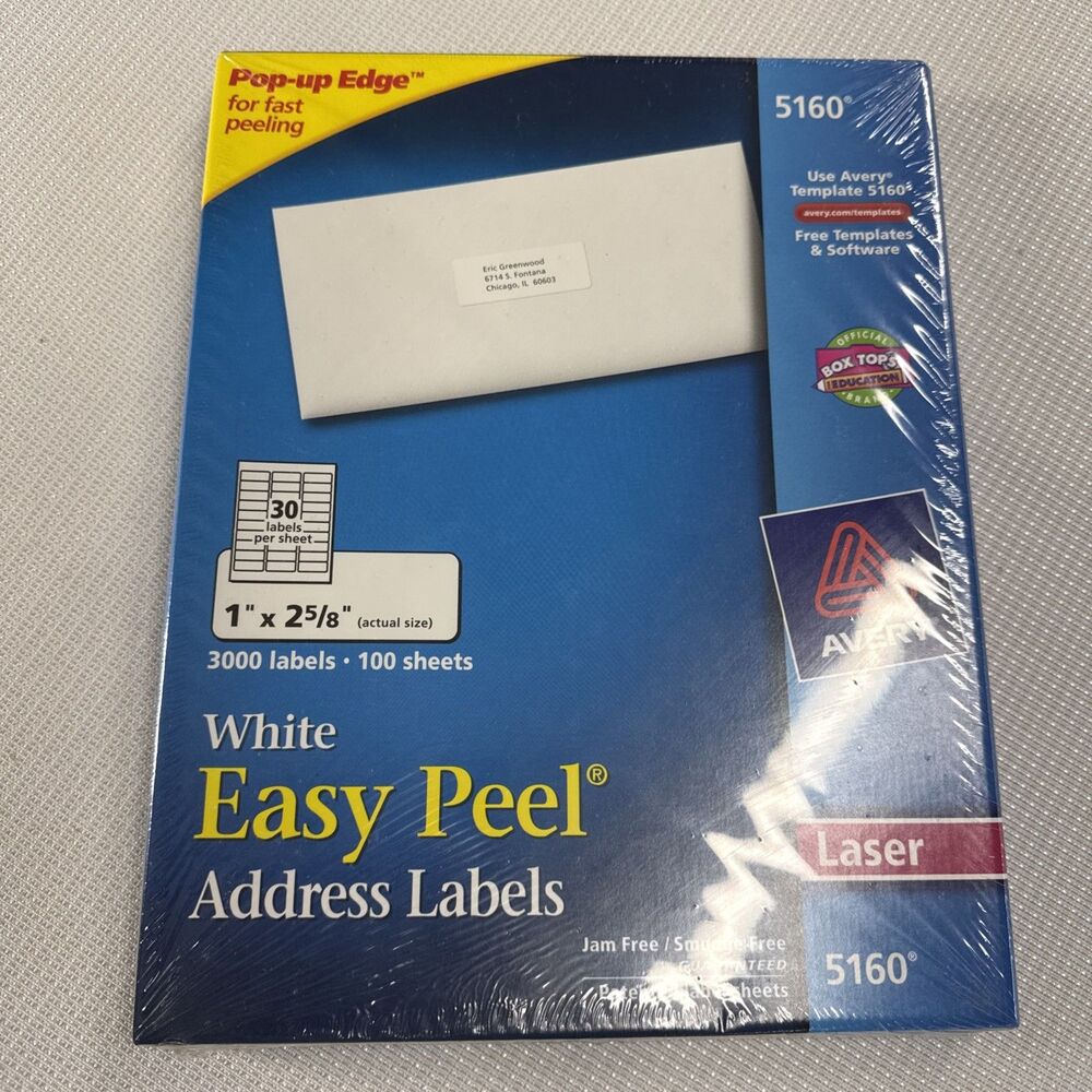 NEW Avery Easy Peel Mailing Address Labels Laser 1 x 2 5/8 White 3000/Box 5160